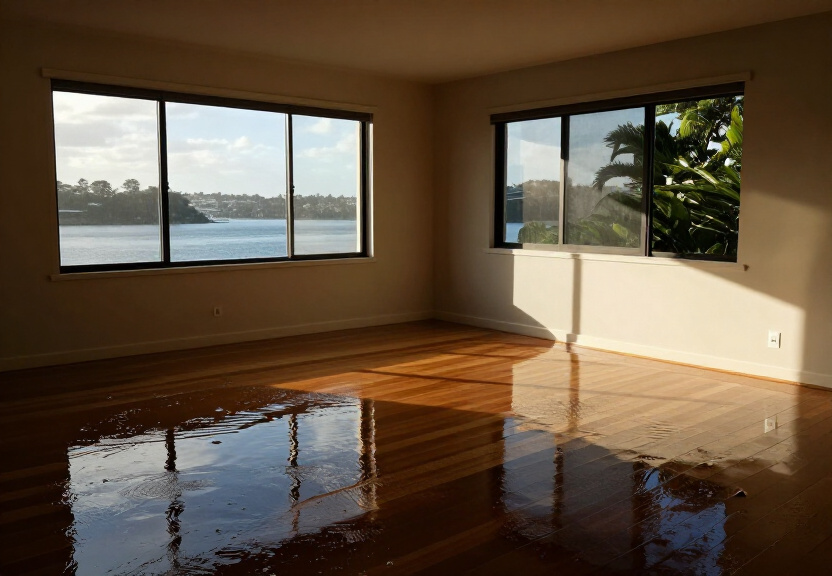 Water-damaged living room in Queenscliff with soaked carpet and peeling paint